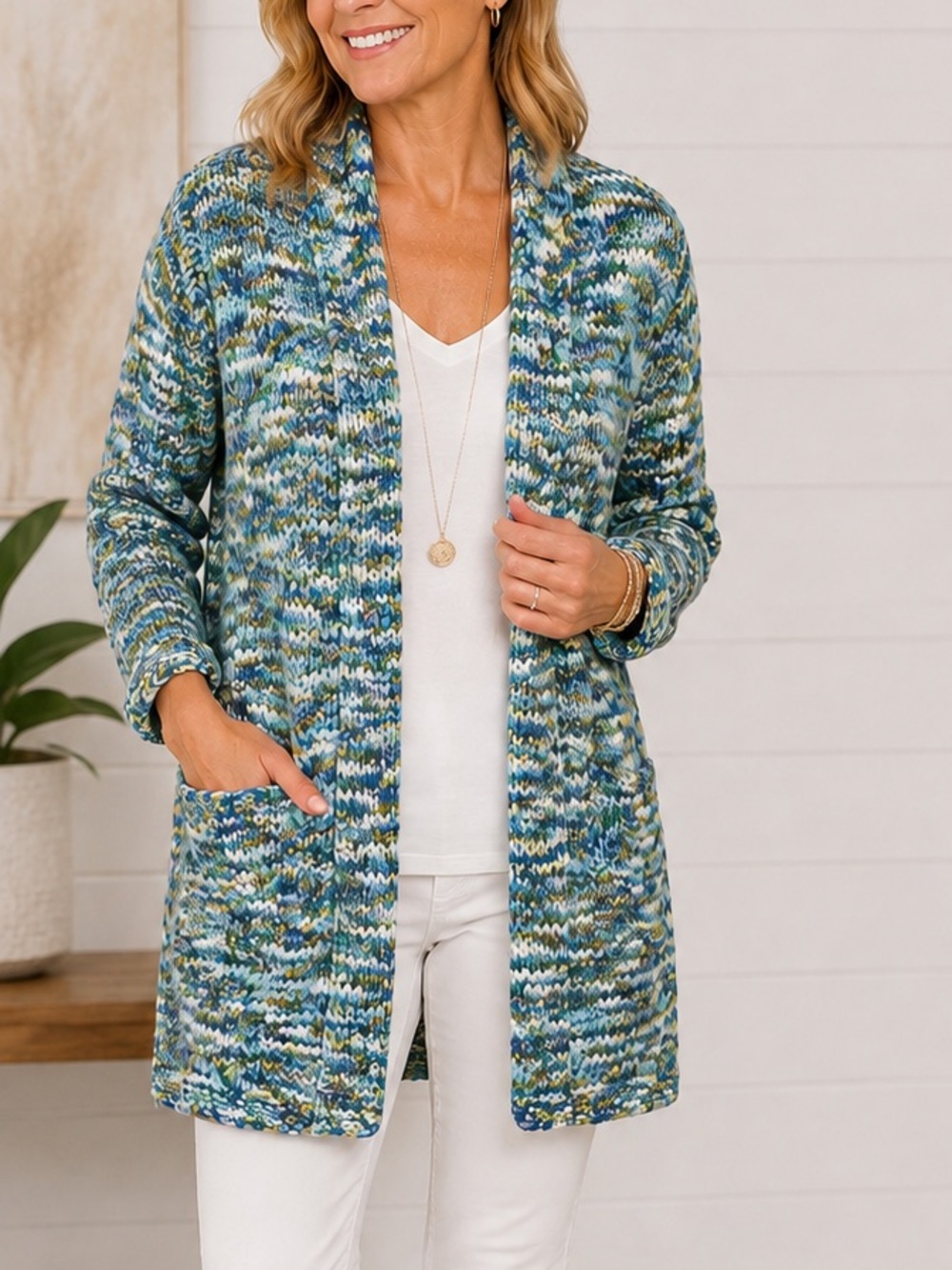 J.Jill Marled Space Dye Long Open Front Cardigan Sweater Blue Green M NWOT